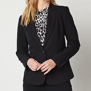 Liz Claiborne sz S black notched collar 2 button front lace print lining blazer